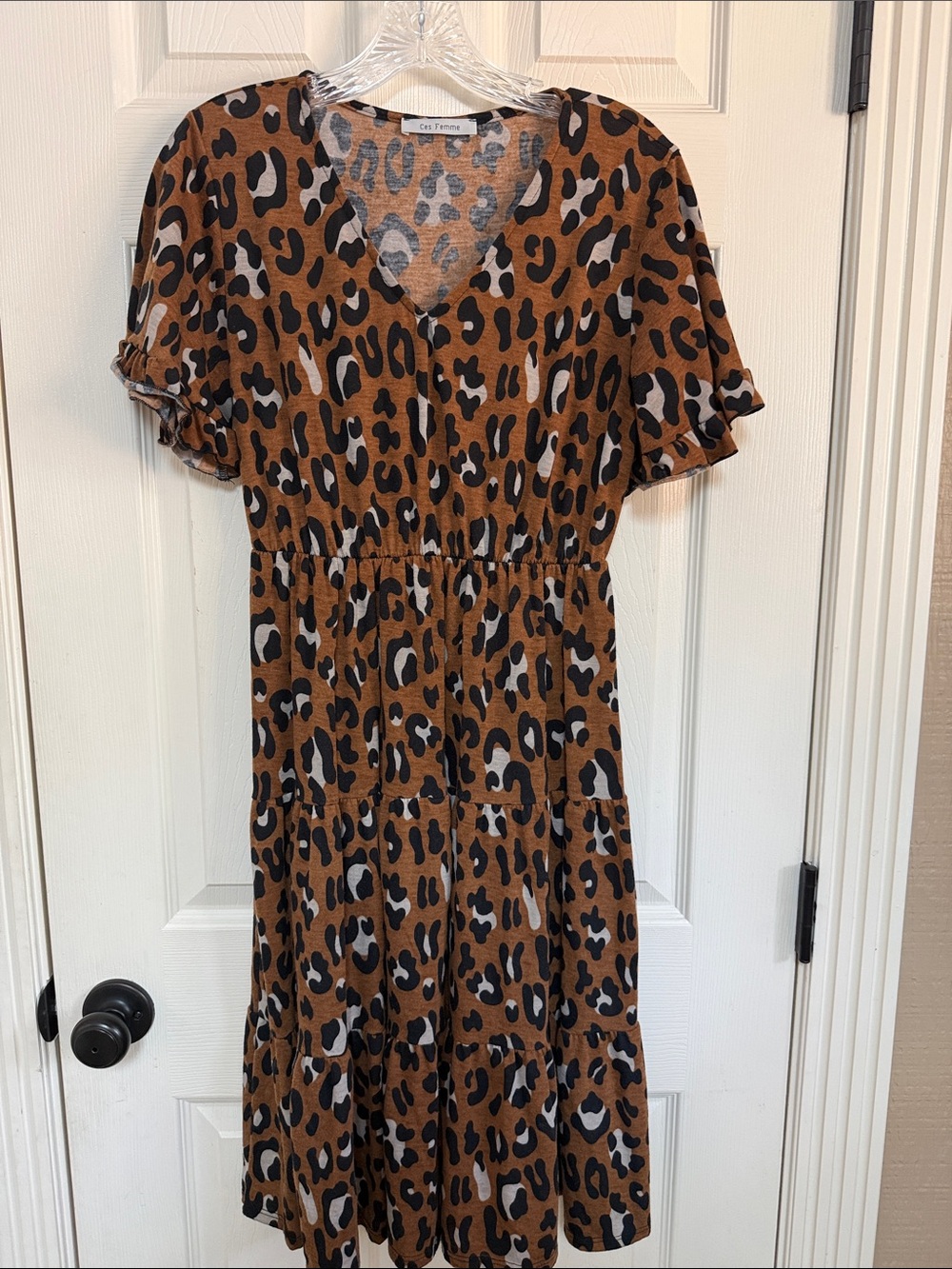 Ces Femme Tan and Black Leopard Print Tiered Midi Dress